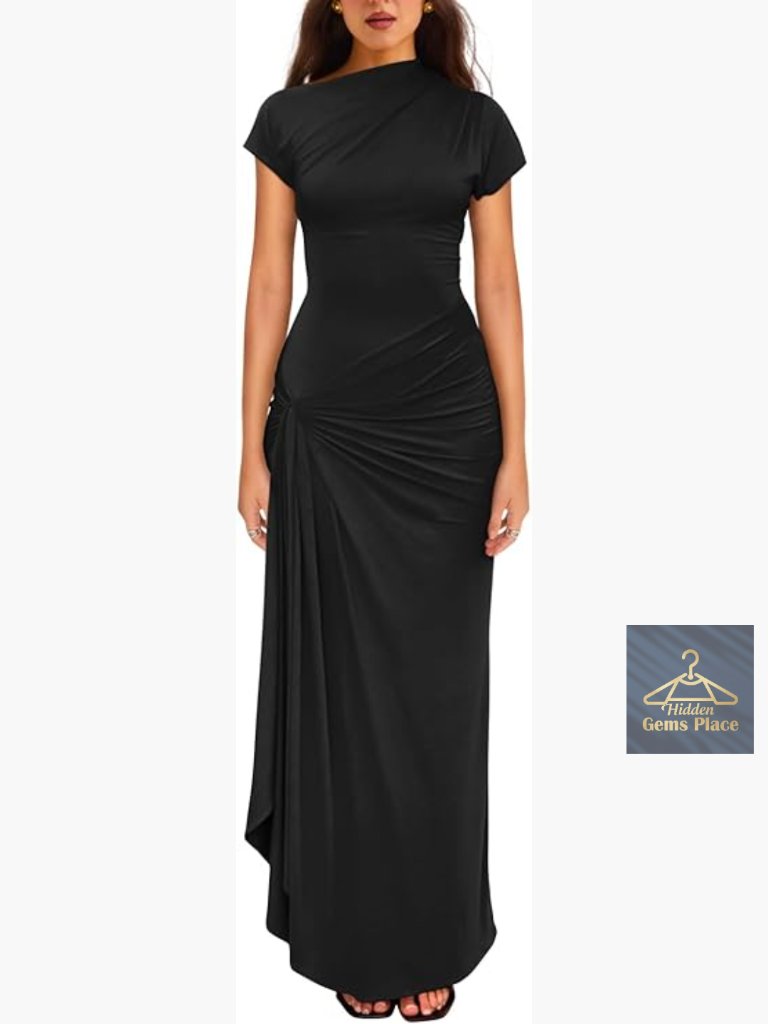 Casual Short Sleeve Boat Neck Ruched High Split Bodycon Long Party Dress
